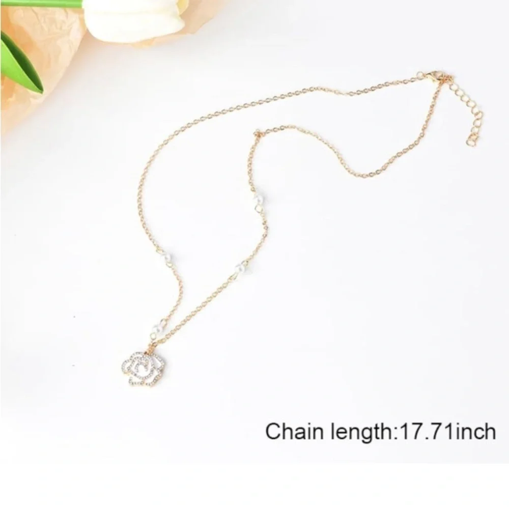 Beautiful Dainty Alloy Plated Rose Camellia Pearl Adjustable Necklace